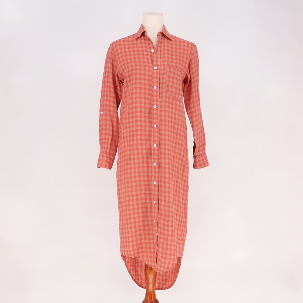 EMILY PHILLIPS 100% Linen Check Girlfriend Midi Dress Pink/Khaki Size 2
